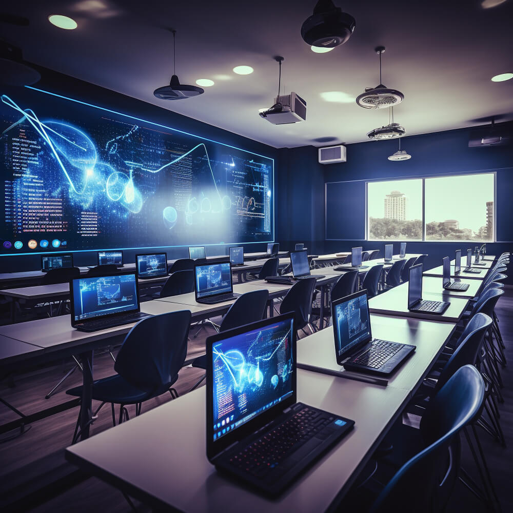 A modern tech training room or server classroom with multiple laptops on desks displaying glowing neon blue data visualizations.