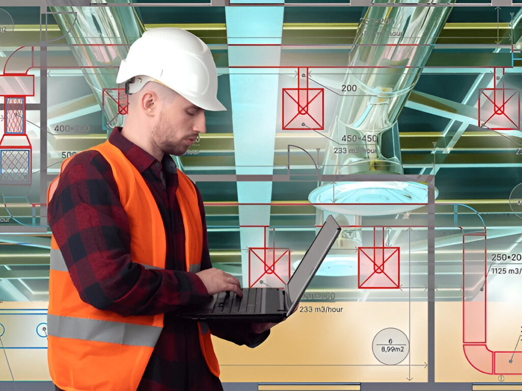 A construction engineer wearing a white hard hat and safety vest working on a laptop with a technical HVAC blueprint overlay.