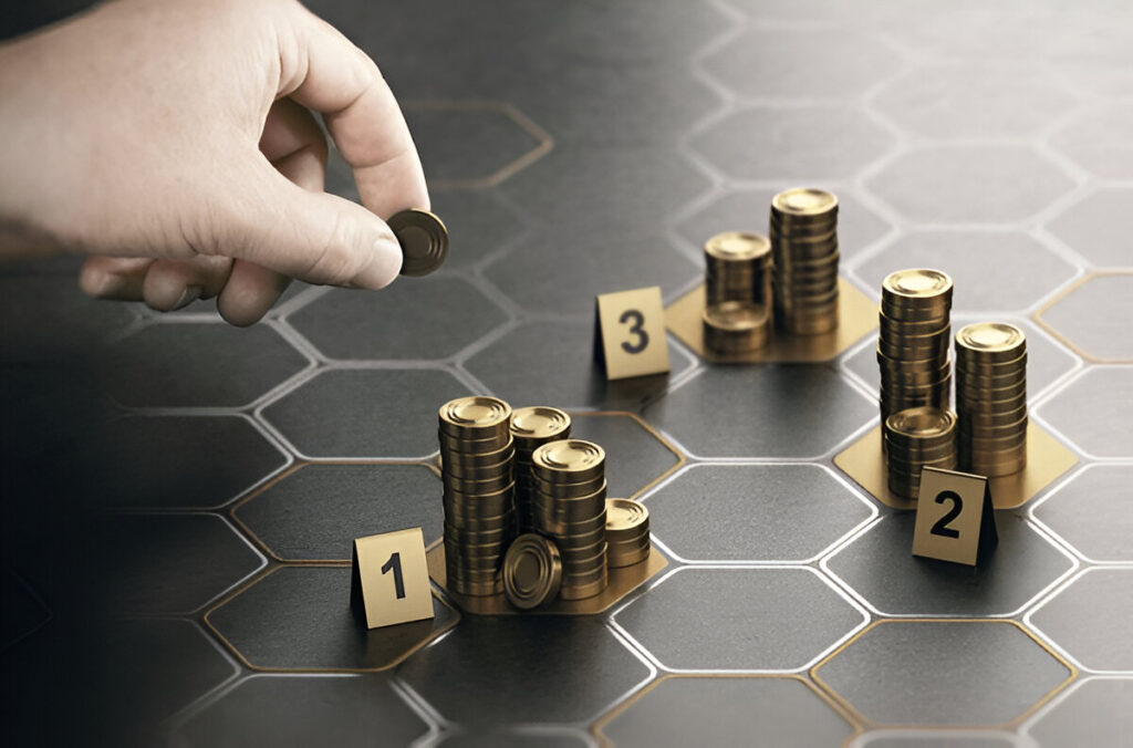 A hand placing gold coins onto numbered stacks on a dark grey hexagonal grid layout symbolizing financial milestone planning.