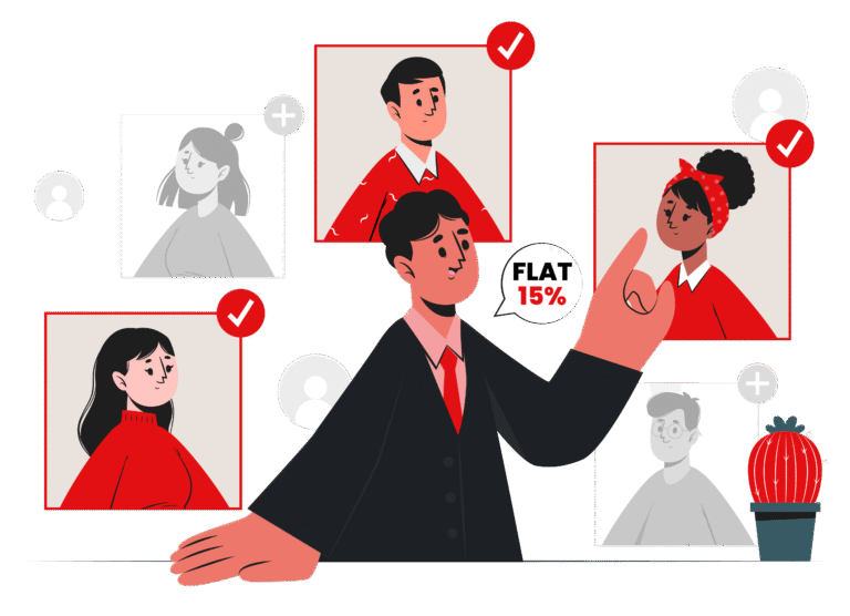 Vector illustration of a businessman pointing toward candidate profile options with a speech bubble displaying flat 15% on successful hire.
