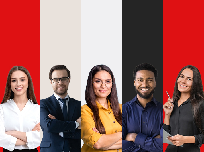 Five diverse corporate professionals in business attire standing confidently against a red, white, and black striped graphic background.