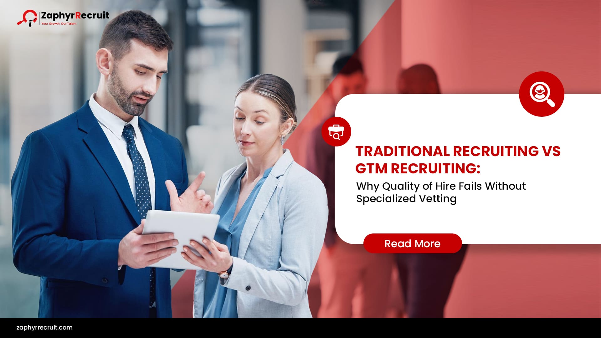 Professionals discussing recruitment strategies in blog banner for Traditional vs GTM Recruiting: Why Quality of Hire Fails Without Specialized Vetting