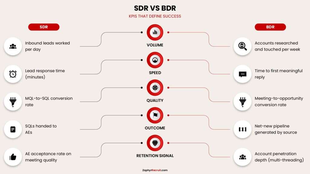 Scorecard of SDR and BDR success metrics across volume, speed, quality, outcome, and retention signal.