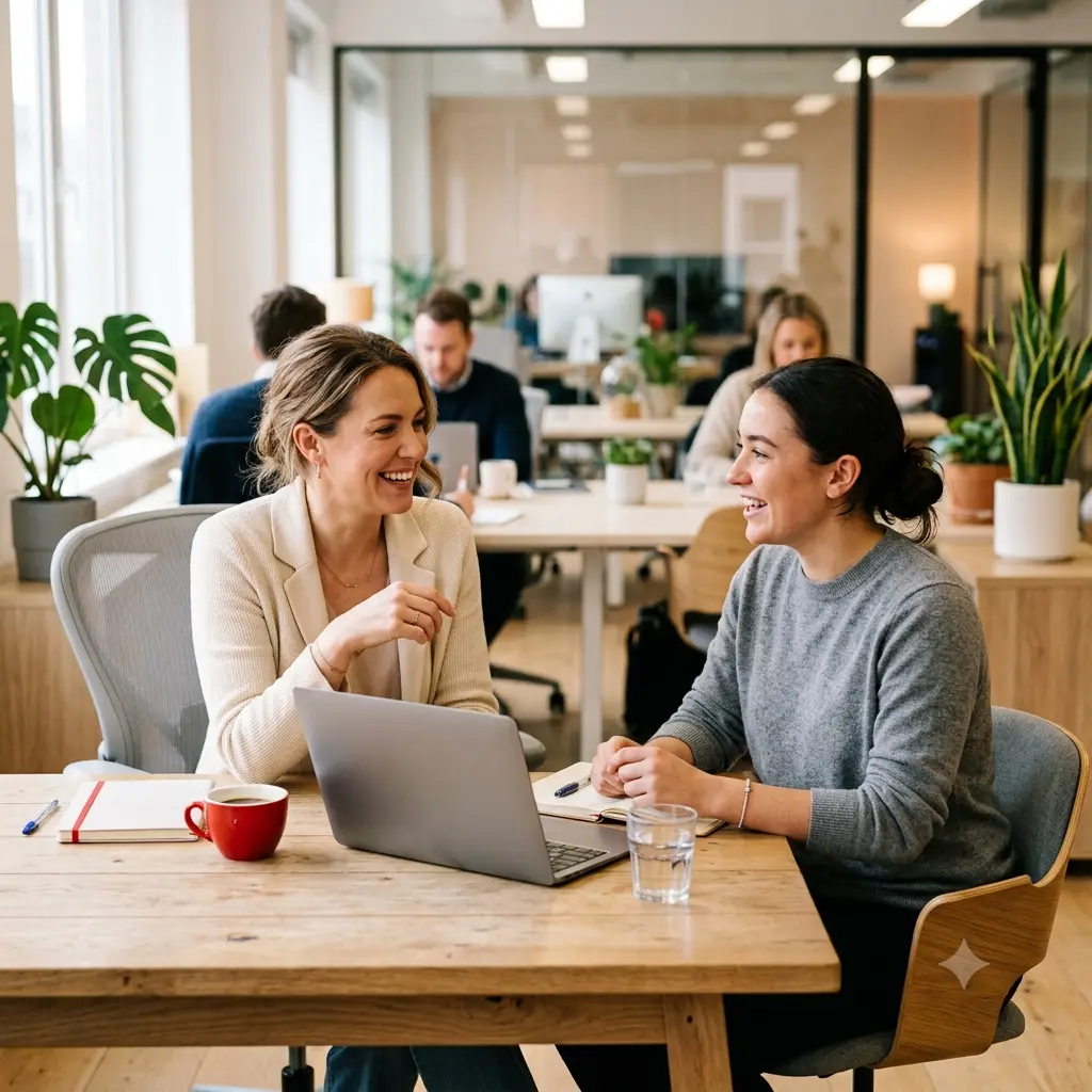 Recruiter and candidate smiling during a consultation meeting at a laptop in a bright, modern office