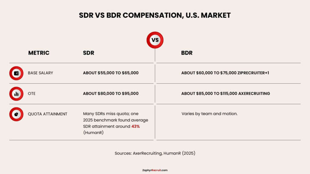 Comparison of SDR and BDR compensation in the U.S.: base salary, OTE, and quota attainment benchmarks.