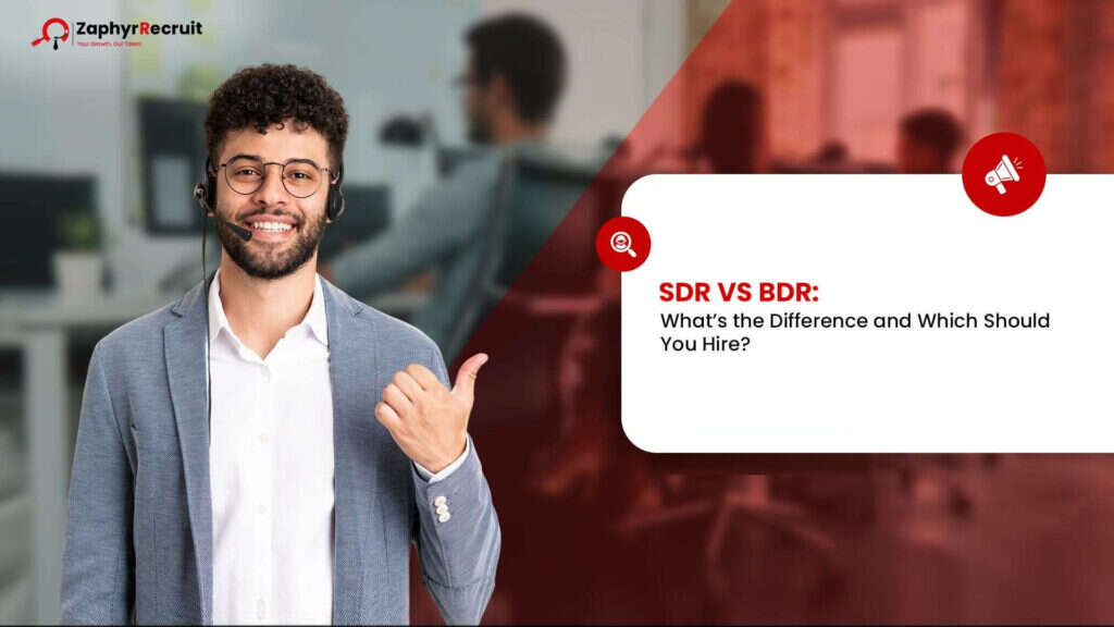 Smiling sales rep in a headset beside a title card reading SDR vs BDR: What's the Difference and Which Should You Hire?