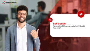 Smiling sales rep in a headset beside a title card reading SDR vs BDR: What's the Difference and Which Should You Hire?