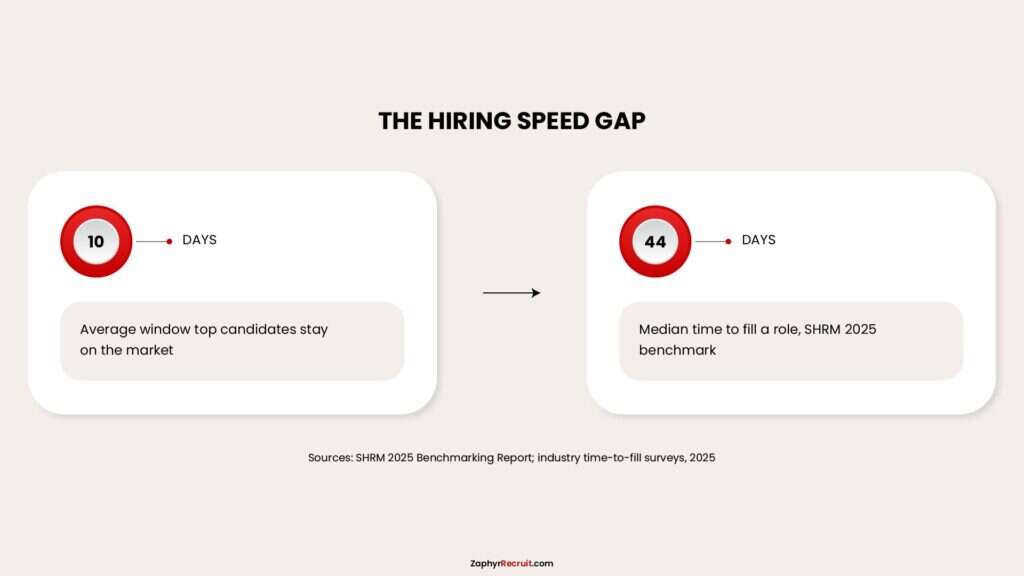 Hiring speed gap: top candidates stay on the market about 10 days, while the median time to fill a role is 44 days.