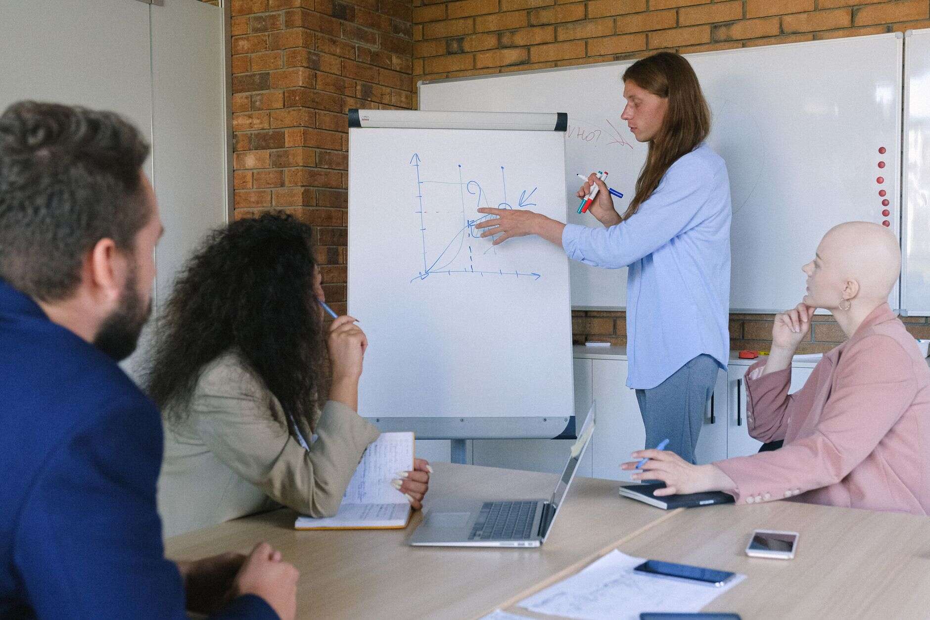 Operations manager sketching a data flow on a flip chart for colleagues in a meeting room