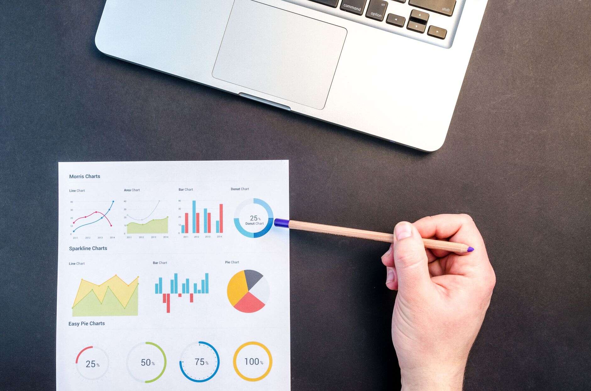 Analyst pointing a pencil at printed data charts beside a laptop