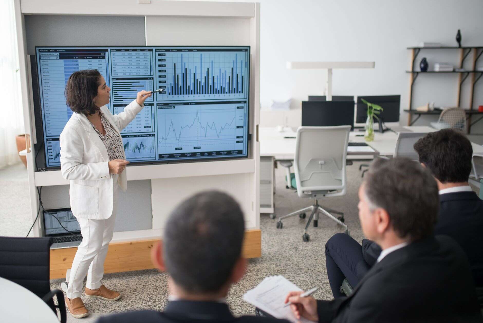 GTM strategist walking a leadership team through the market model on a wall screen