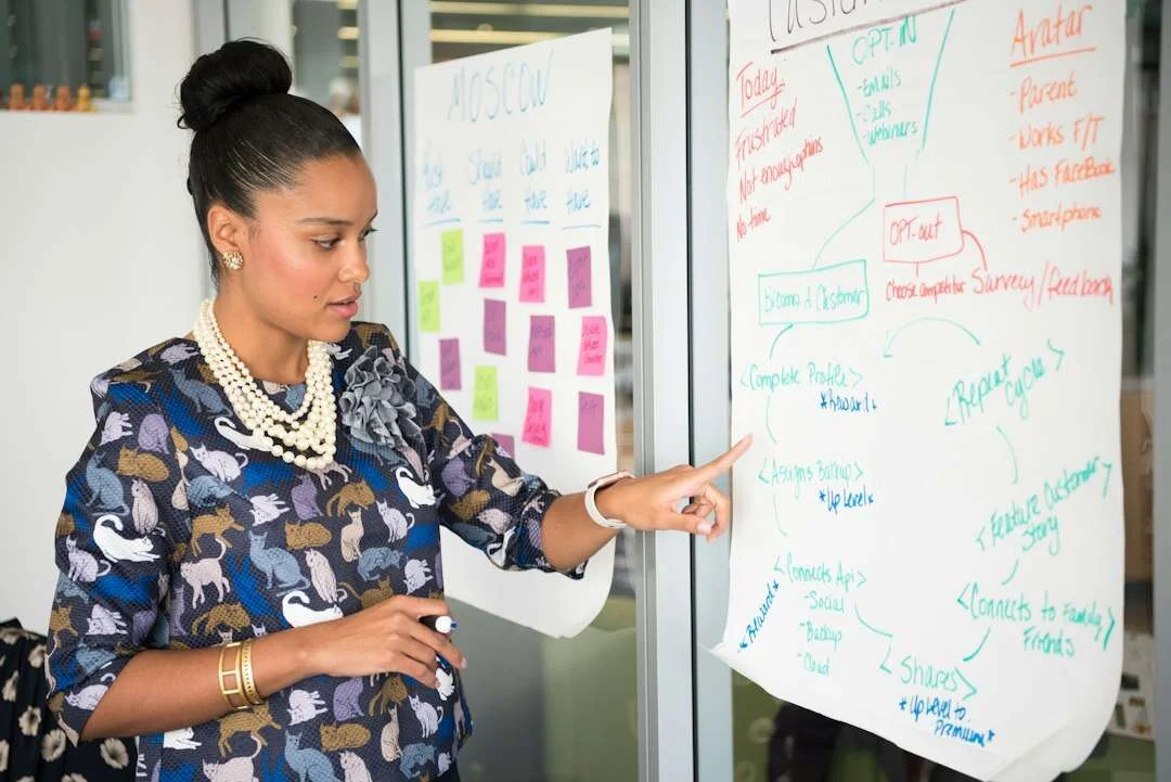 Executive pointing to a customer flow and priorities on flip charts during a planning session