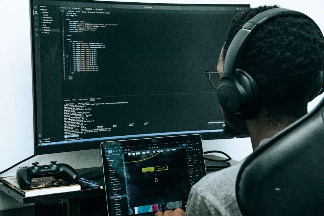 Security engineer reviewing code and terminal output on a curved monitor