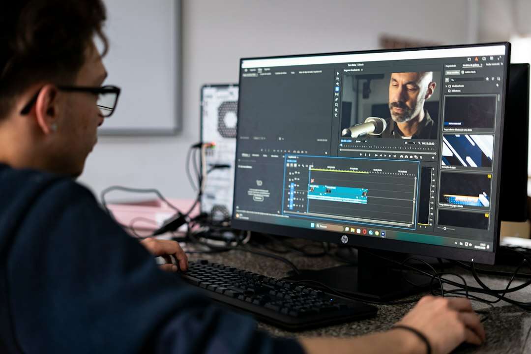 Video editor cutting an interview on a timeline at a desktop workstation