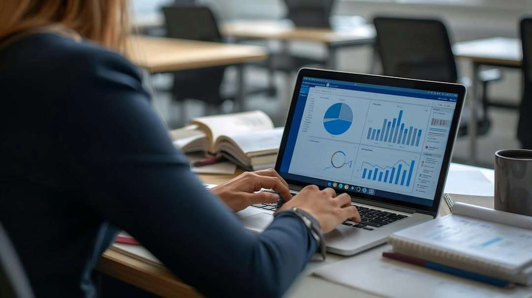 SEO specialist reviewing traffic and ranking charts on a laptop